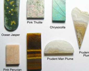 7 lapidary cabochons, 1200 grit mirror shine, rare and unique cabs, flat backs fronts and sides, made in usa, sizes listed below (25190)