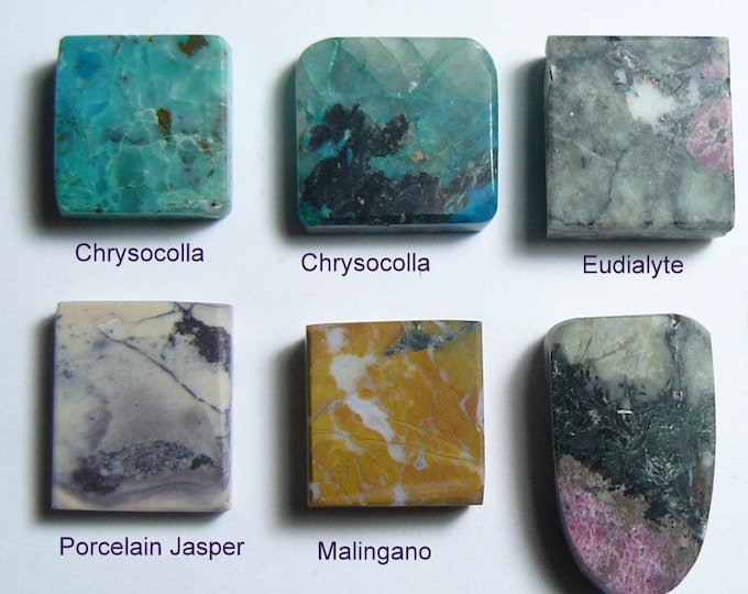 6 small lapidary prefinished cabochon slabs, Chrysocolla, Eudialyte, Porcelain and Malignao Jasper (26004)