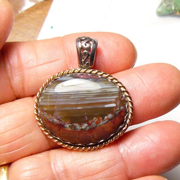 Handmade Butterfly Jasper Pendant: Sterling Silver & Gold Fill Wire