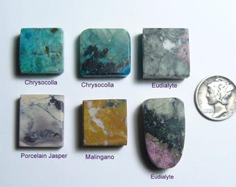 6 small lapidary prefinished cabochon slabs, Chrysocolla, Eudialyte, Porcelain and Malignao Jasper (26004)