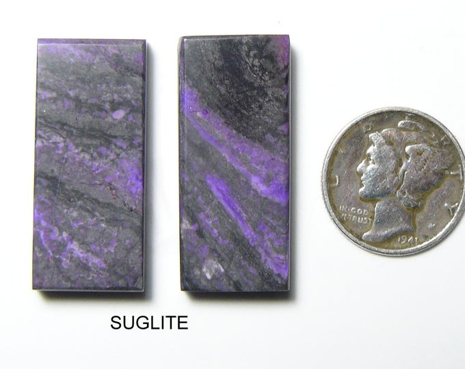 2 Sugilite cabochons with Manganese, flat front and back, bright finish, mixed purple & black, beautiful earring pair, medium size  (25162)