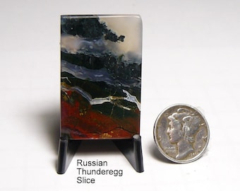 Rare Russian Thunderegg agate slice, shaped & prefinished slab, all sides flat, mirror finish, black, white, red, gray, translucent  (25259)