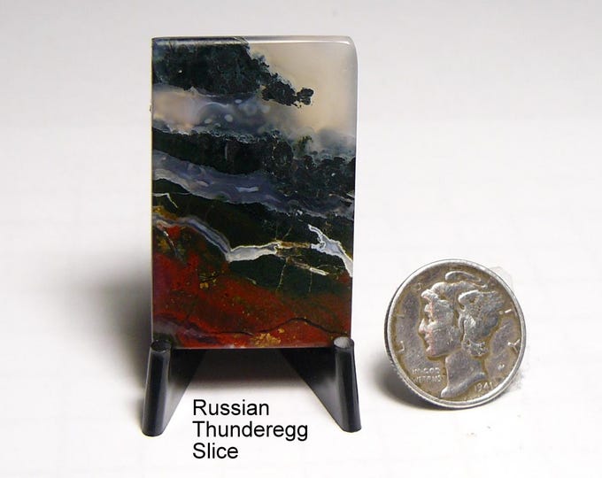 Rare Russian Thunderegg agate slice, shaped & prefinished slab, all sides flat, mirror finish, black, white, red, gray, translucent  (25259)
