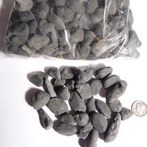 May include: A clear plastic bag filled with dark gray, smooth river rocks. A pile of similar rocks is scattered below, with a silver coin for size comparison. The rocks vary in size and shape, with rounded and elongated forms.
