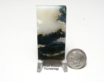 Rare Russian Thunderegg slice, cabochon, flat sides, mirror finish, rectangle shape,  black, white, gray, translucent lapidary cab (25164)