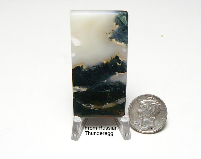 Rare Russian Thunderegg slice, cabochon, flat sides, mirror finish, rectangle shape,  black, white, gray, translucent lapidary cab (25164)