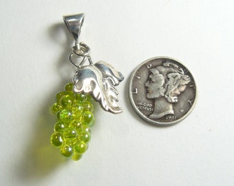 Grape and Sterling Silver Oak leaf pendant, 5.00 each, handmade double strand, iridescent chartreuse glass beads, made in USA  (j92702)