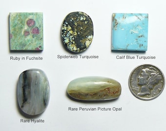 5 Small lapidary cabs, 1200 grit finished, rare and scarce, designer shapes, all natural colors, for pendants, rings and collections (25201)
