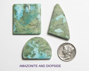 3 small lapidary slabs, rare Amazonite and Diopside, prefinished, ready for jewelry or collection (26006)