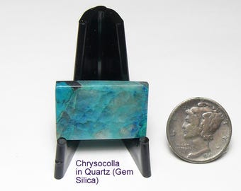 Chrysocolla with gem silica in quartz cab, all natural, translucent, mirror finish, no pits or open fractures, flat front and back  (26008)
