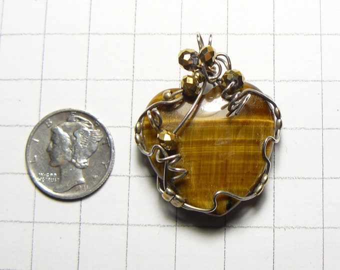 Small heart shapped Tiger Eye designer cabochon wire wrapped in Argentium silver wire (w51843)