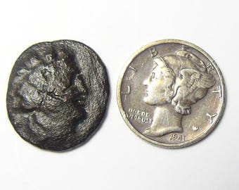 Ancient Greek coin, electronically cleaned for jewelry or gift, Bronze (17-18.5) x (2-3) mm, 3.9 g.  Unidentified. (c12)