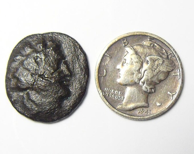 Ancient Greek coin, electronically cleaned for jewelry or gift, Bronze (17-18.5) x (2-3) mm, 3.9 g.  Unidentified. (c12)