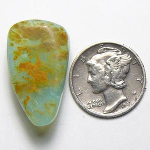 Blue Peruvian Picture Opal cabochon, mirror finish, yellow inclusions, natural rare stone.  (26031)