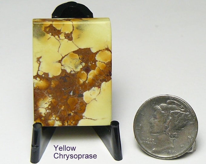 Lemon Chrysoprase lapidary cabochon slab, shaped and sanded smooth, 22x30x6 mm, ready to use, yellow spiderweb magnesite (s26002)
