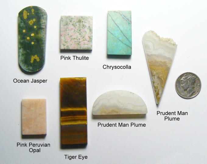 7 lapidary cabochons, 1200 grit mirror shine, rare and unique cabs, flat backs fronts and sides, made in usa, sizes listed below (25190)
