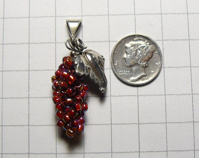 Grape and Sterling Silver Oak leaf pendant, handmade double strand, red grape colored glass beads, made in USA  (j51841)
