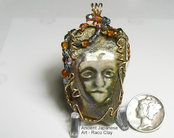 Raku Pendant wire wrapped  in 14kgf wire,  ancient Japanese craft (25j001)
