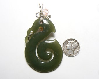 Large Carved Polar Jade wire wrapped gemstone cabochon, Argentium silver wire wrapped jewelry pendant, natural gemstone, glass beads.(w0001)