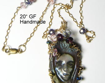 Raku Necklace wire wrapped pendant with a 20" handmade 14kgf chain by Shirl.  Ancient Japanese clay craft (25J002)
