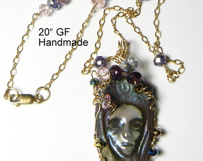 Raku Necklace wire wrapped pendant with a 20" handmade 14kgf chain by Shirl.  Ancient Japanese clay craft (25J002)