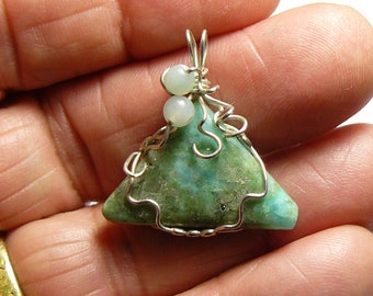 Amazonite Designer Pendant, wire wrapped stone, small green rock, for girl or women, no pits, no fractures , argentium silver wire (w51842)