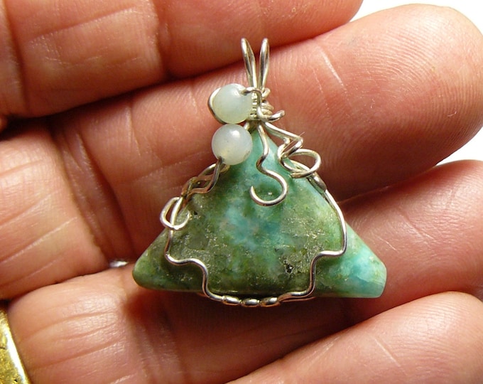 Amazonite Designer Pendant, wire wrapped stone, small green rock, for girl or women, no pits, no fractures , argentium silver wire (w51842)