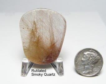 Rutilated Smoky Quartz cabochon, all sides flat, 1200 grit mirror finish, multi rutiles, designer shape,  no pits, no  fractures (25177)