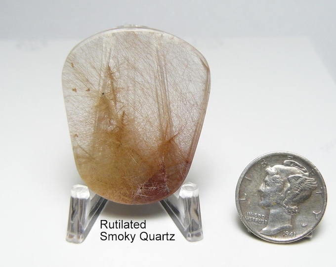Rutilated Smoky Quartz cabochon, all sides flat, 1200 grit mirror finish, multi rutiles, designer shape,  no pits, no  fractures (25177)