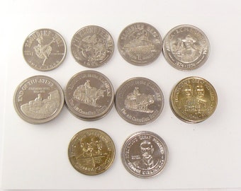 13 Edmonton Klondike Days tokens from Alberta Canada, dollar coins used for trade at celebration days, silver and brass color (c72121)