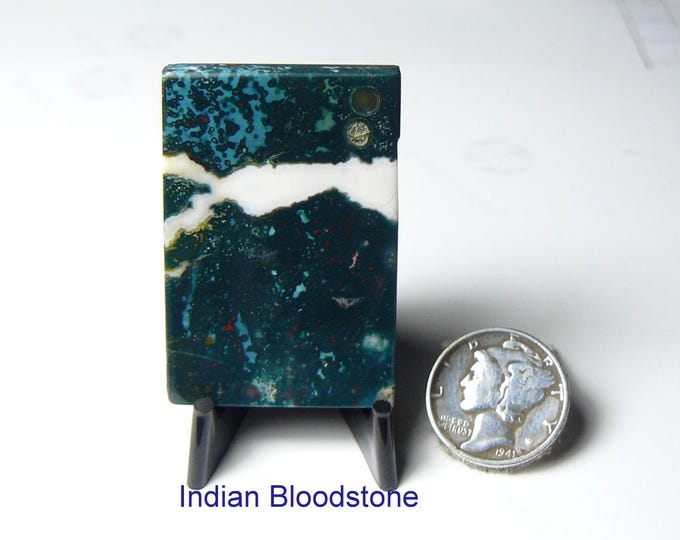 Indian Bloodstone, cabochon flat sides, mirror finish, rectangle shape, black, white and red and blue dots, lapidary cab (25166)