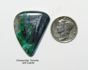 Chrysocolla , Cuprite and Tenorite cabochon, flat sides, mirror finish, designer shape, red, black and green, no pits or fractures (25171)
