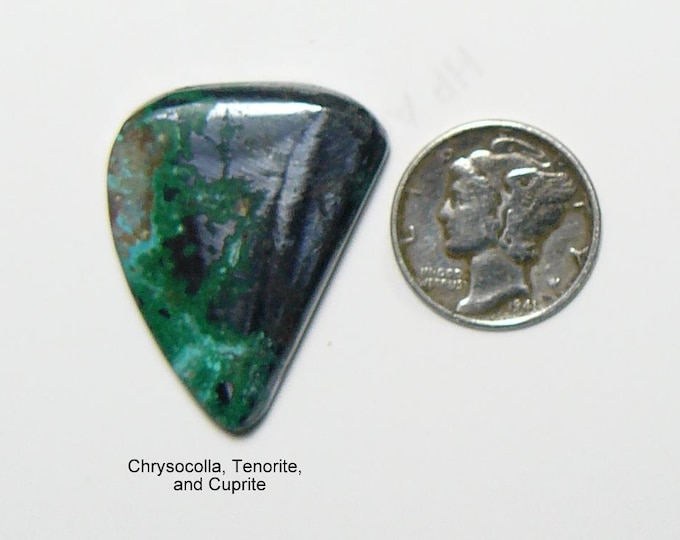 Chrysocolla , Cuprite and Tenorite cabochon, flat sides, mirror finish, designer shape, red, black and green, no pits or fractures (25171)