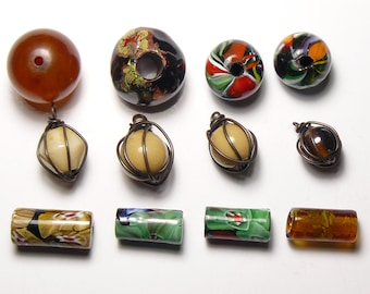 12 beads, vintage and colorful beads, copper wrapped beads, some handmade,    (m6441)