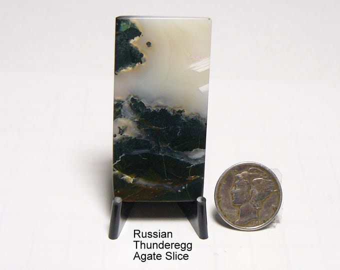 Rare Russian Thunderegg agate slice, shaped & prefinished slab,  all sides flat, mirror finish, black, white, gray, translucent  (25262)