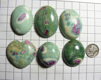 Ruby in Fuchsite cabochons,  lot of 6, fluorescent Ruby, with Kyanite, from India, blue, red, green (c42831)
