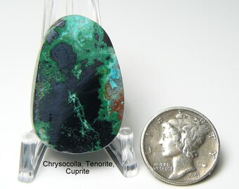 Chrysocolla , Tenorite, Cuprite cabochon, flat sides, mirror finish, designer shape, red, black and green, no pits or fractures (25173)
