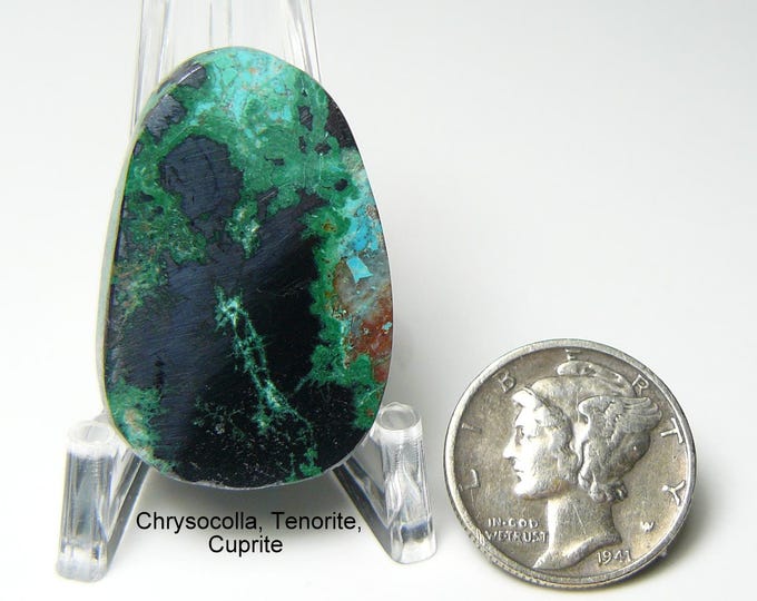 Chrysocolla , Tenorite, Cuprite cabochon, flat sides, mirror finish, designer shape, red, black and green, no pits or fractures (25173)