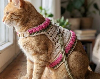 Patrón de arnés de ganchillo para gatos / Tutorial de chaleco de ganchillo para perros con correa / Patrón de arnés para mascotas DIY en PDF / Accesorio de ganchillo para mascotas con forma de flor para principiantes