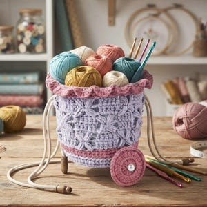 May include: A crochet yarn storage basket in light purple with a ruffled pink top edge, featuring a drawstring closure, two small wheels with pearl centers, and a wooden base. The basket is filled with various colorful yarn balls and crochet hooks.