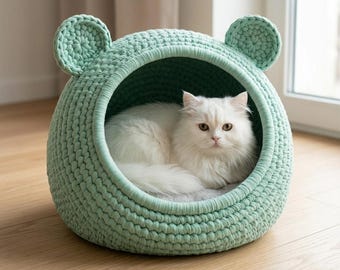 Patrón de casita de gato a crochet / Casita para mascotas a crochet con cojín / Cama cueva para mascotas DIY con orejas / Patrón de casita para gatos con hilo de camiseta + vídeo