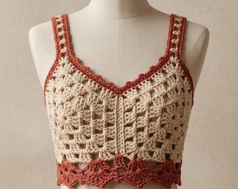 Patrón de top corto de ganchillo / Top cuadrado pentagonal estilo abuela boho en PDF / Patrón de top para festivales de verano con guía en vídeo / Patrón de top de verano de ganchillo