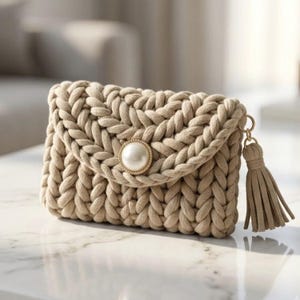 May include: A beige crochet clutch bag featuring a thick braided cord texture, a central circular faux pearl button closure with a gold-toned rim, and a matching beige cord tassel attached to the side with a gold-toned metal ring hardware.