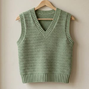 May include: A sage green sleeveless sweater vest featuring a V-neckline and a textured crochet knit pattern. The garment has ribbed trim along the neckline, armholes, and bottom hem, and is displayed on a wooden hanger against a plain background.