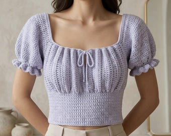Patrón de top corto de ganchillo / Patrón de top estilo campesina con mangas abullonadas / Patrón de top de verano de ganchillo para principiantes con vídeo / PDF de vestido de festival de ganchillo