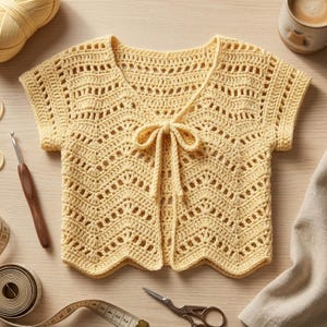 May include: A light yellow, open-front crochet top with short sleeves and a V-neckline. The top features a delicate, openwork design and a tie closure at the neckline. The garment is handmade and appears to be a summer top.
