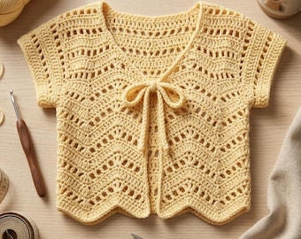 Patrón de top de ganchillo con lazo frontal y ondas / Tutorial de chaleco cárdigan de ganchillo / Top de verano de encaje de ganchillo en PDF + Guía en vídeo / Patrón de top de ganchillo