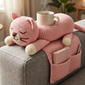 May include: A pink crocheted cat-shaped sofa armrest with a cup holder and pockets. The cat has closed eyes, a brown nose, and white paws. A white mug with coffee sits in the holder. A notebook and pen are in the pockets.
