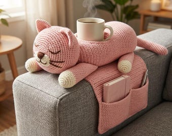 Patrón de organizador de sofá con forma de gato a crochet / Patrón de organizador de sofá con forma de gato amigurumi a crochet / PDF con video del organizador de sofá con forma de gatito dormilón a crochet