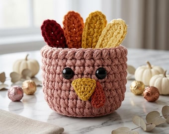 Patrón de cesta de pavo a crochet en PDF / Patrón de decoración del hogar a crochet / Patrón de cuenco de otoño a crochet / Patrón de cesta de pavo amigurumi + Guía en vídeo